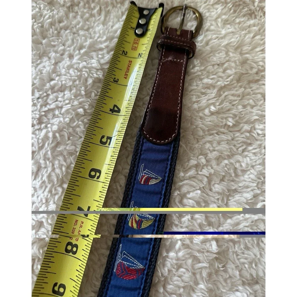 Leather Man Blue Belt Ltd. Sailboat Theme Size 42 Canvas Brass Buckle EUC